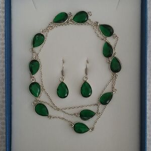 Sterling Silver And Dark Green Teardrop Gemstone Necklace And Earrings